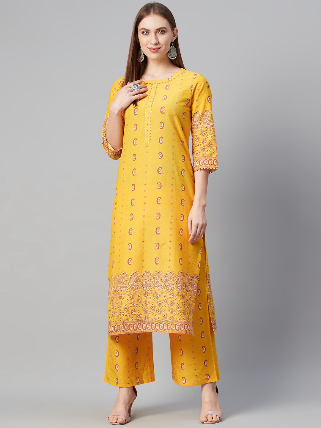 

ZIYAA Women Mustard Yellow & Orange Pure Cotton Printed Kurta with Trousers