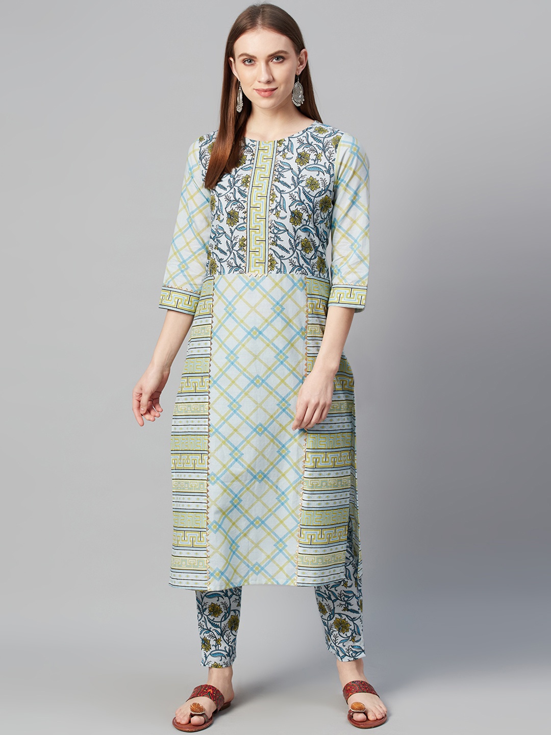 

ZIYAA Women Blue & Yellow Ethnic Motifs Screen Print Pure Cotton Kurta with Trousers