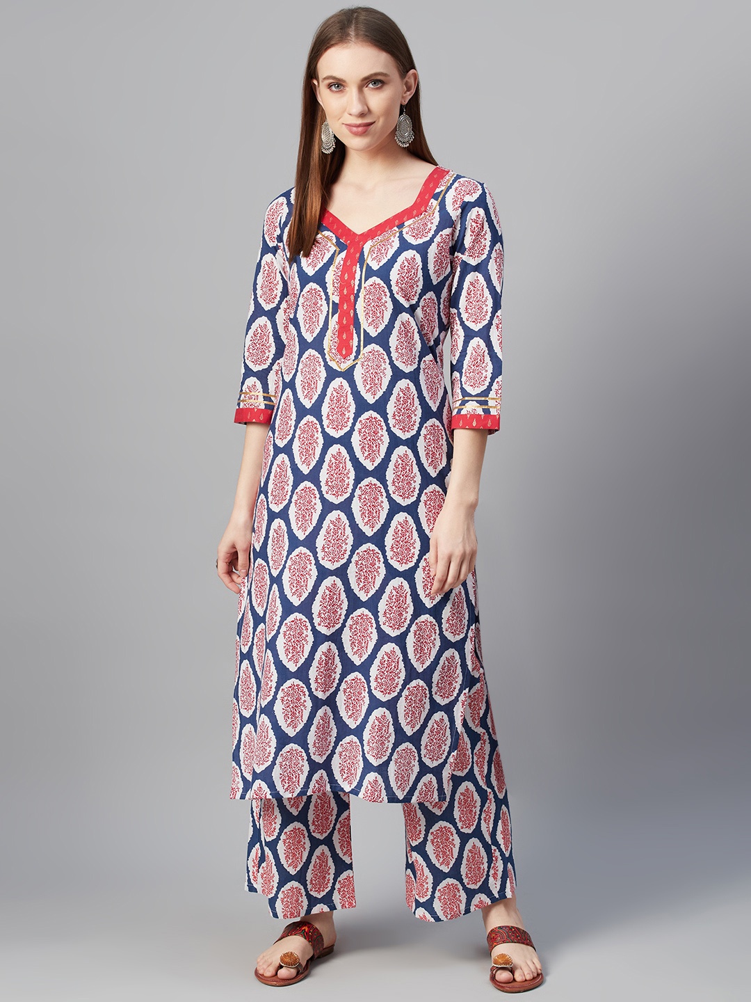 

ZIYAA Women Blue & Red Pure Cotton Printed Kurta with Palazzos