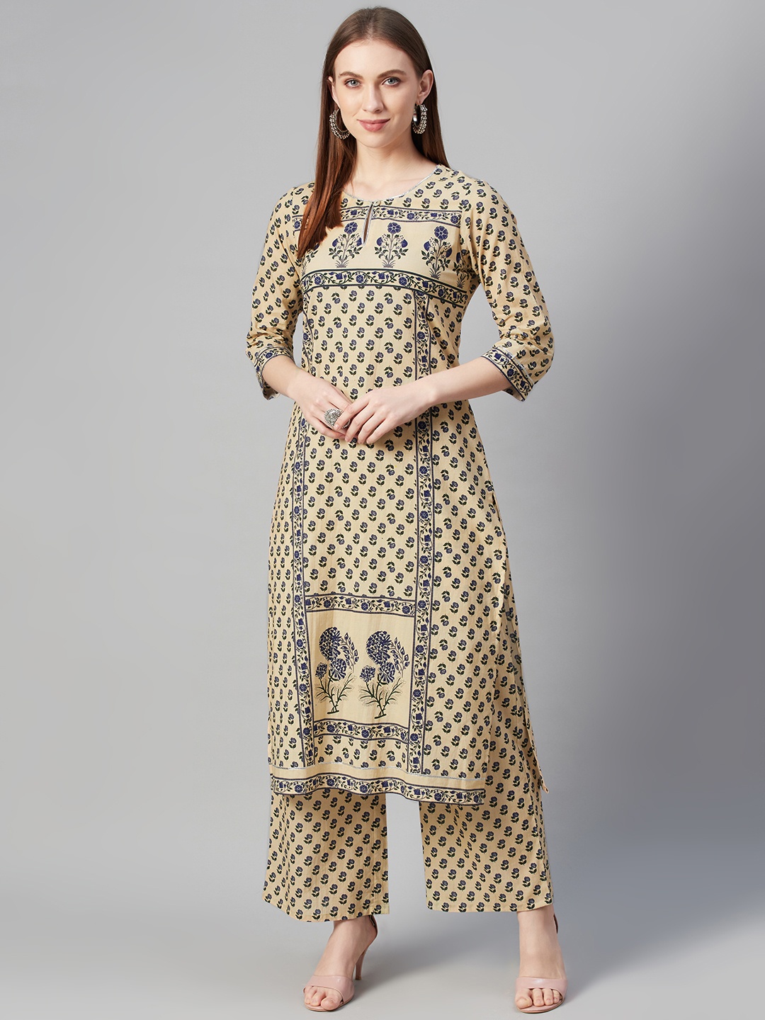 

ZIYAA Women Beige & Navy Blue Printed Kurta with Palazzos