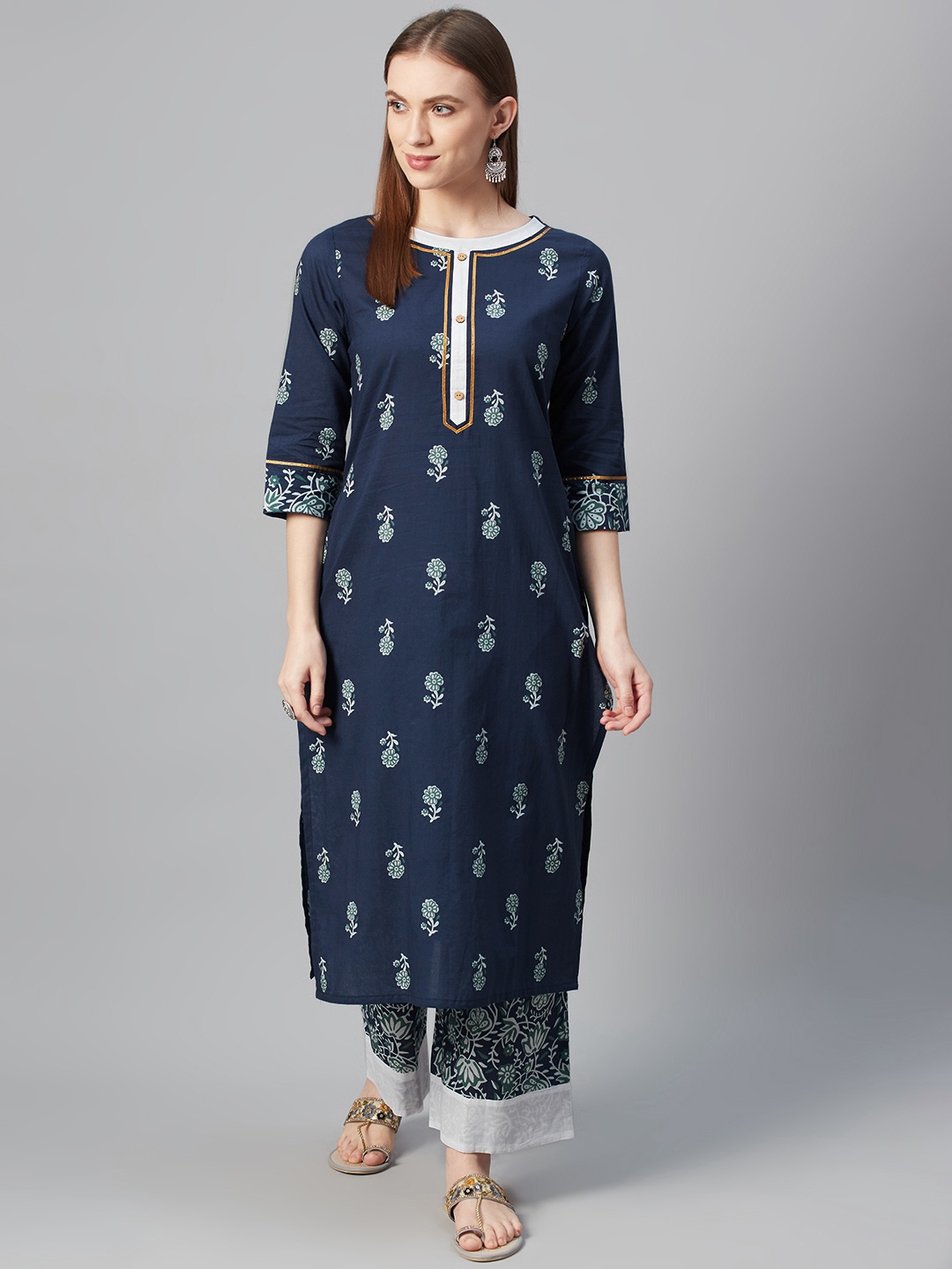 

ZIYAA Women Navy Blue & Green Printed Pure Cotton Kurta with Palazzos