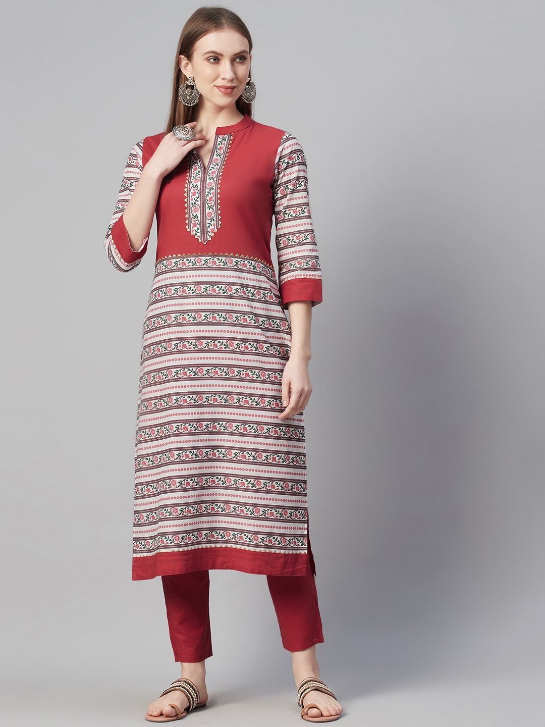 

ZIYAA Women Red & White Pure Cotton Screen Print Kurta with Trousers