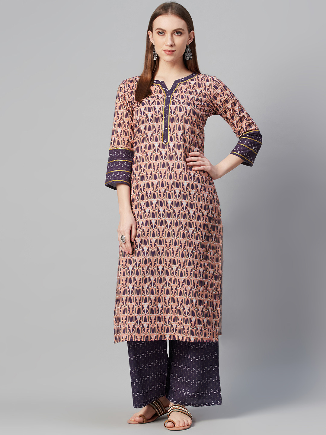 

ZIYAA Women Peach-Coloured & Purple Pure Cotton Printed Kurta with Palazzos