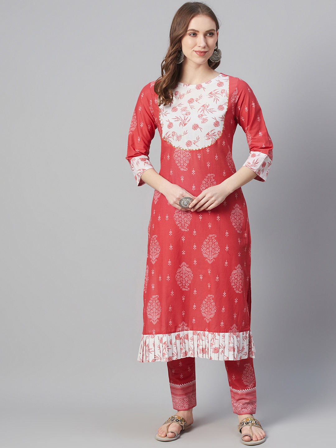 

ZIYAA Women Pink & White Printed Cotton Kurta with Trousers