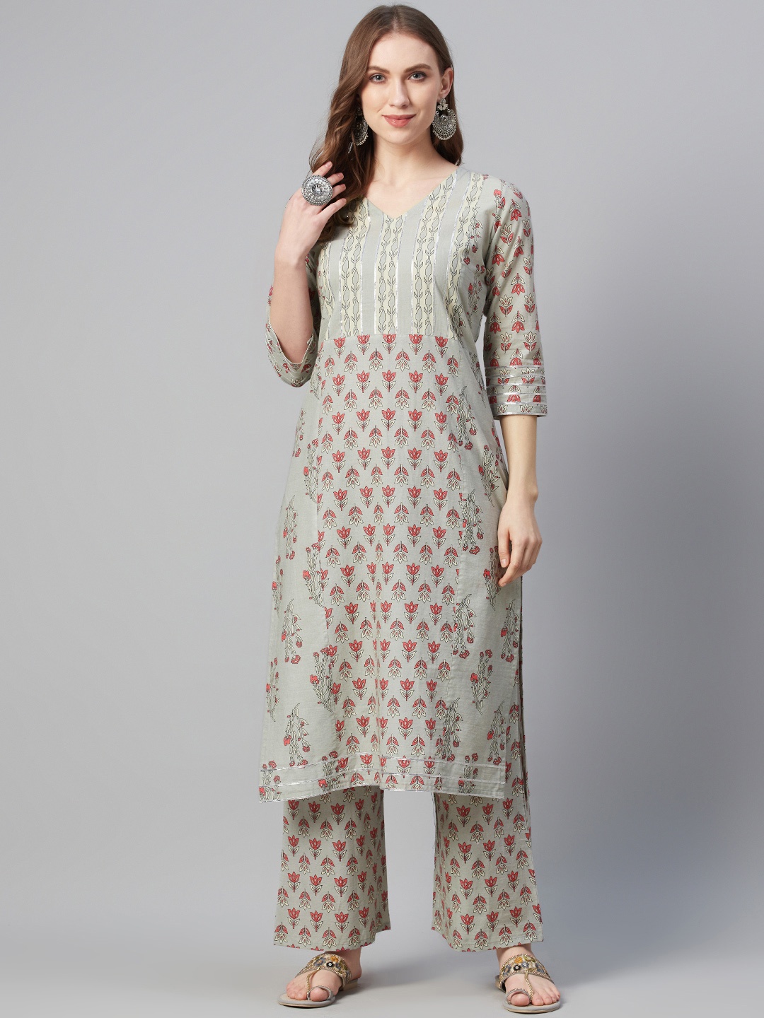 

ZIYAA Women Grey & Pink Printed Panelled Cotton Kurta with Palazzos