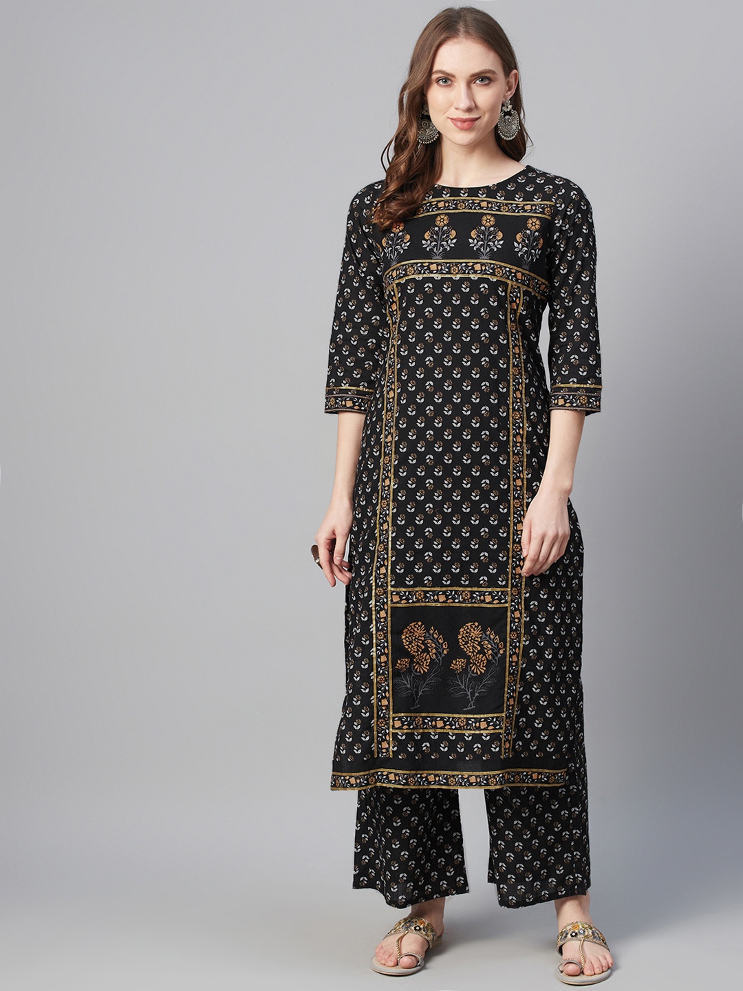 

ZIYAA Women Black & Mustard Yellow Pure Cotton Screen Print Kurta with Palazzos