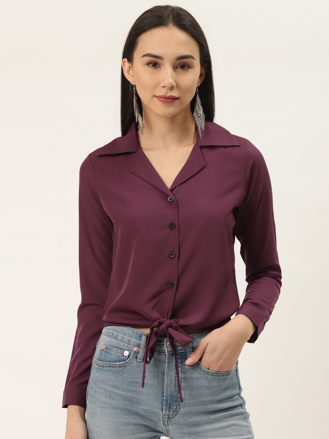 

Trend Arrest Women Burgundy Waist Tie-Up Solid Casual Shirt