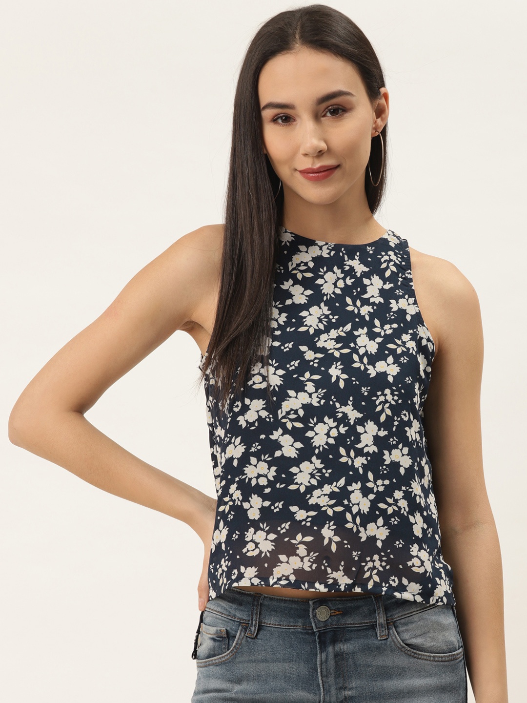 

Trend Arrest Women Navy Blue & White Floral Printed High-Low Top