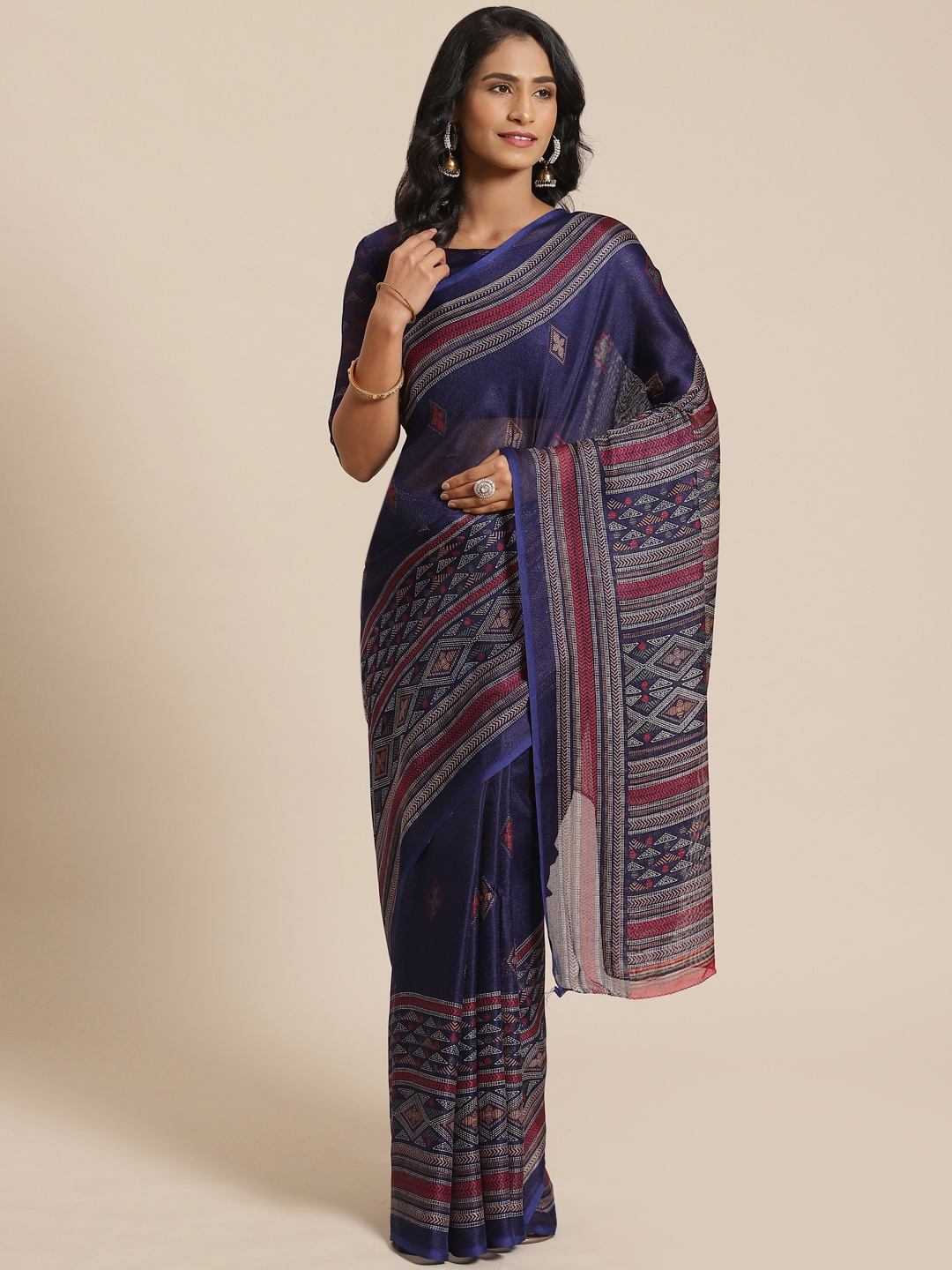 

Saree mall Navy Blue & White Printed Saree