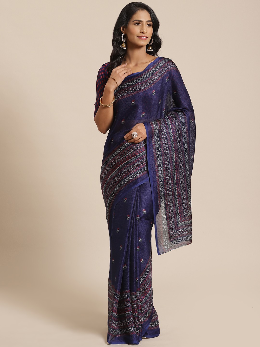 

Saree mall Navy Blue & Red Printed Saree