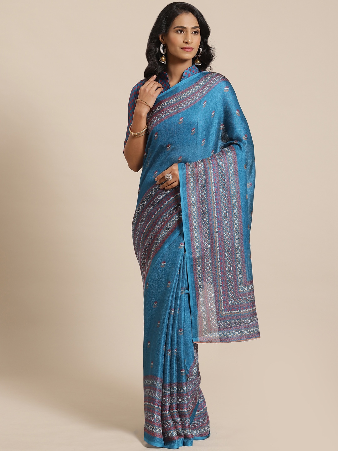 

Saree mall Teal & Red Printed Saree