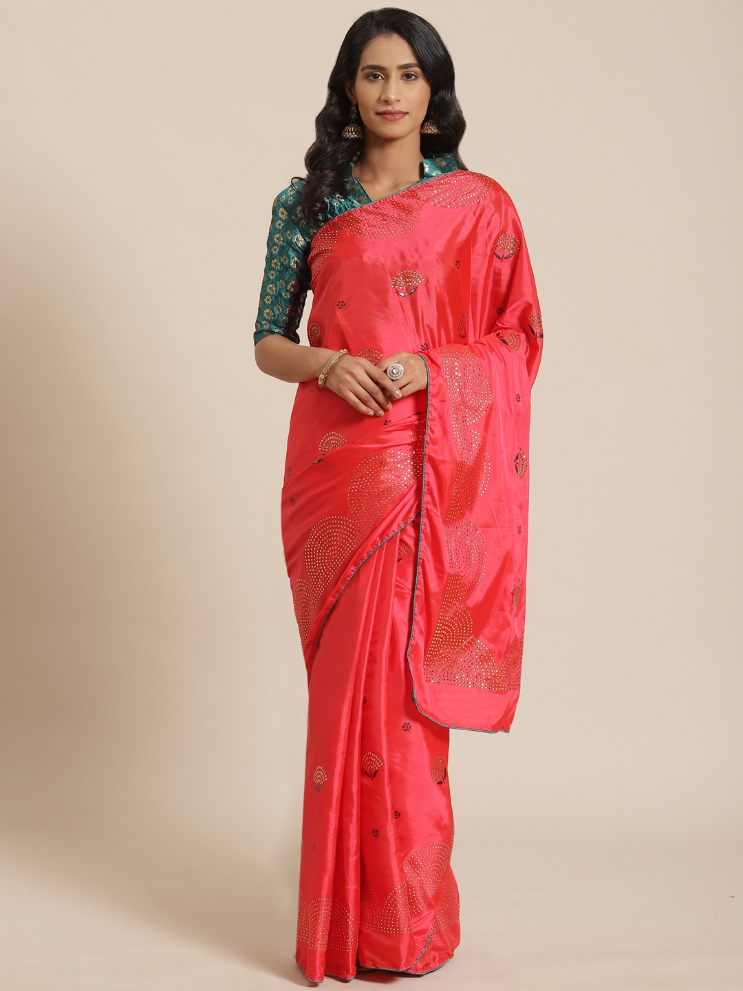 

Saree mall Coral Pink & Golden Embellished Saree