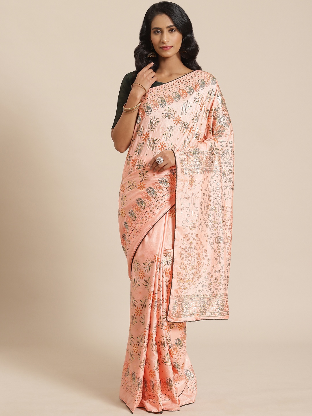 

Saree mall Peach-Coloured & Green Printed Saree