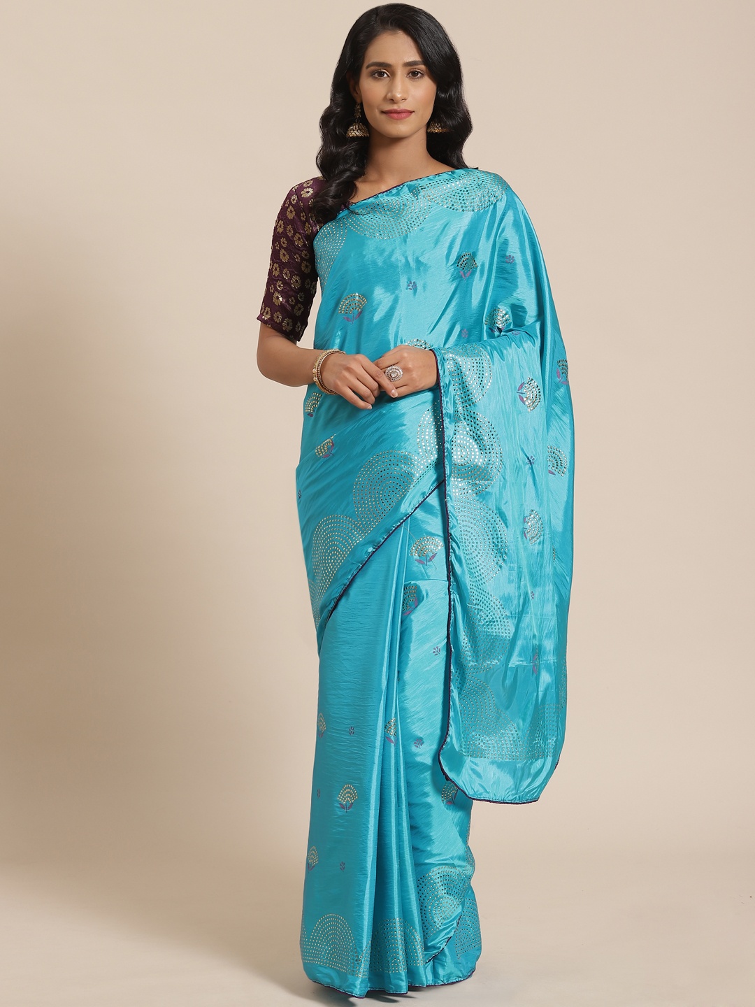 

Saree mall Blue & Golden Embellished Saree