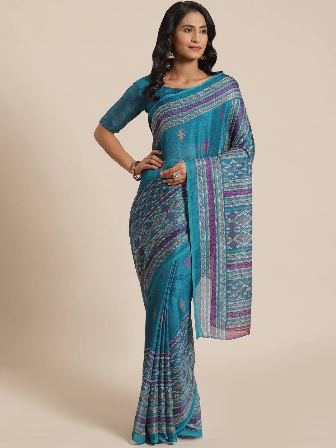 

Saree mall Teal Blue & Pink Printed Saree