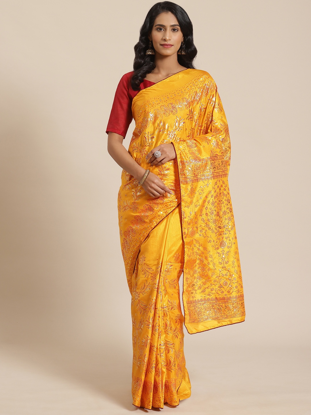 

Saree mall Mustard Yellow & Maroon Printed Saree