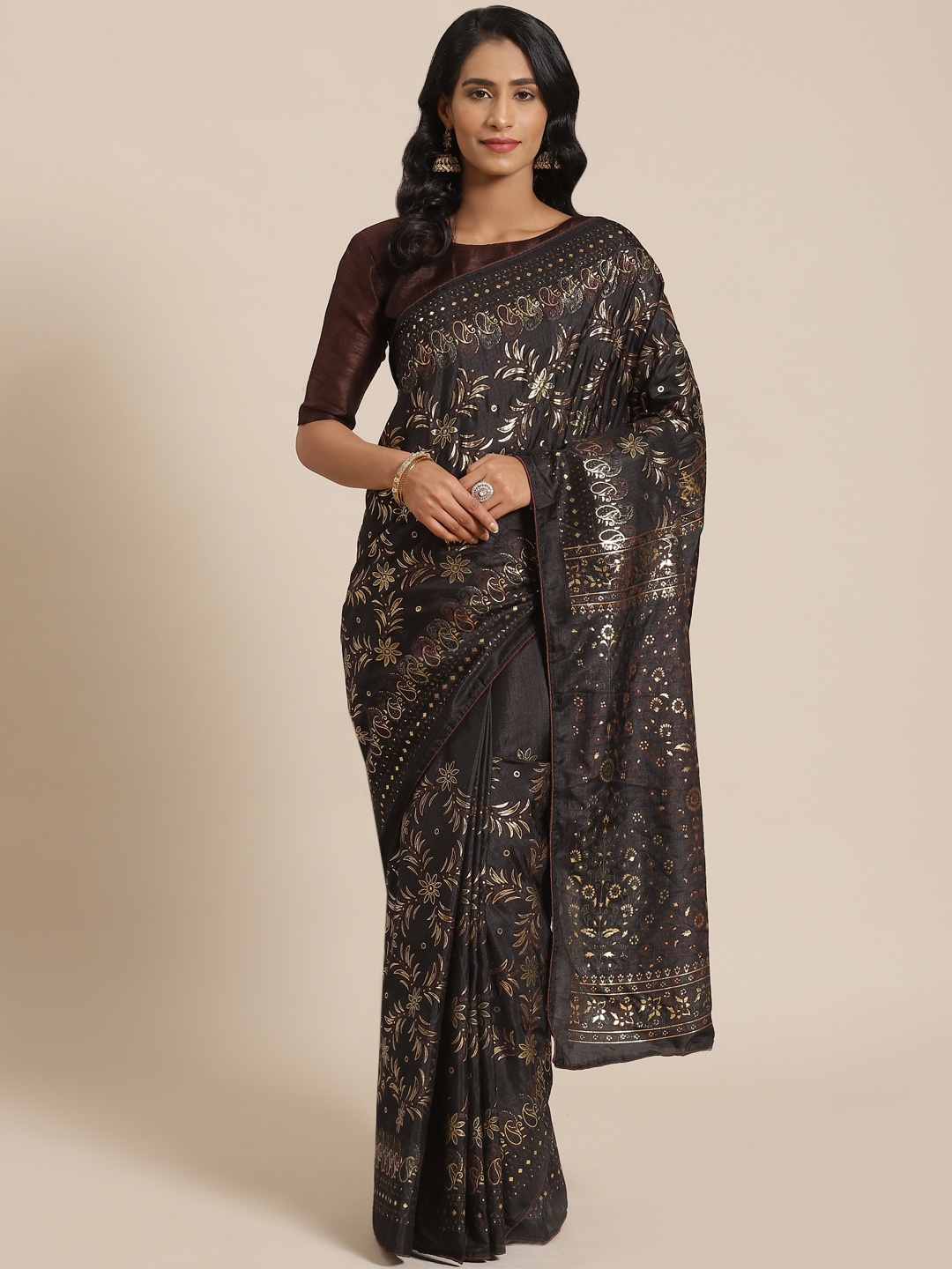 

Saree mall Black & Golden Floral Printed Saree
