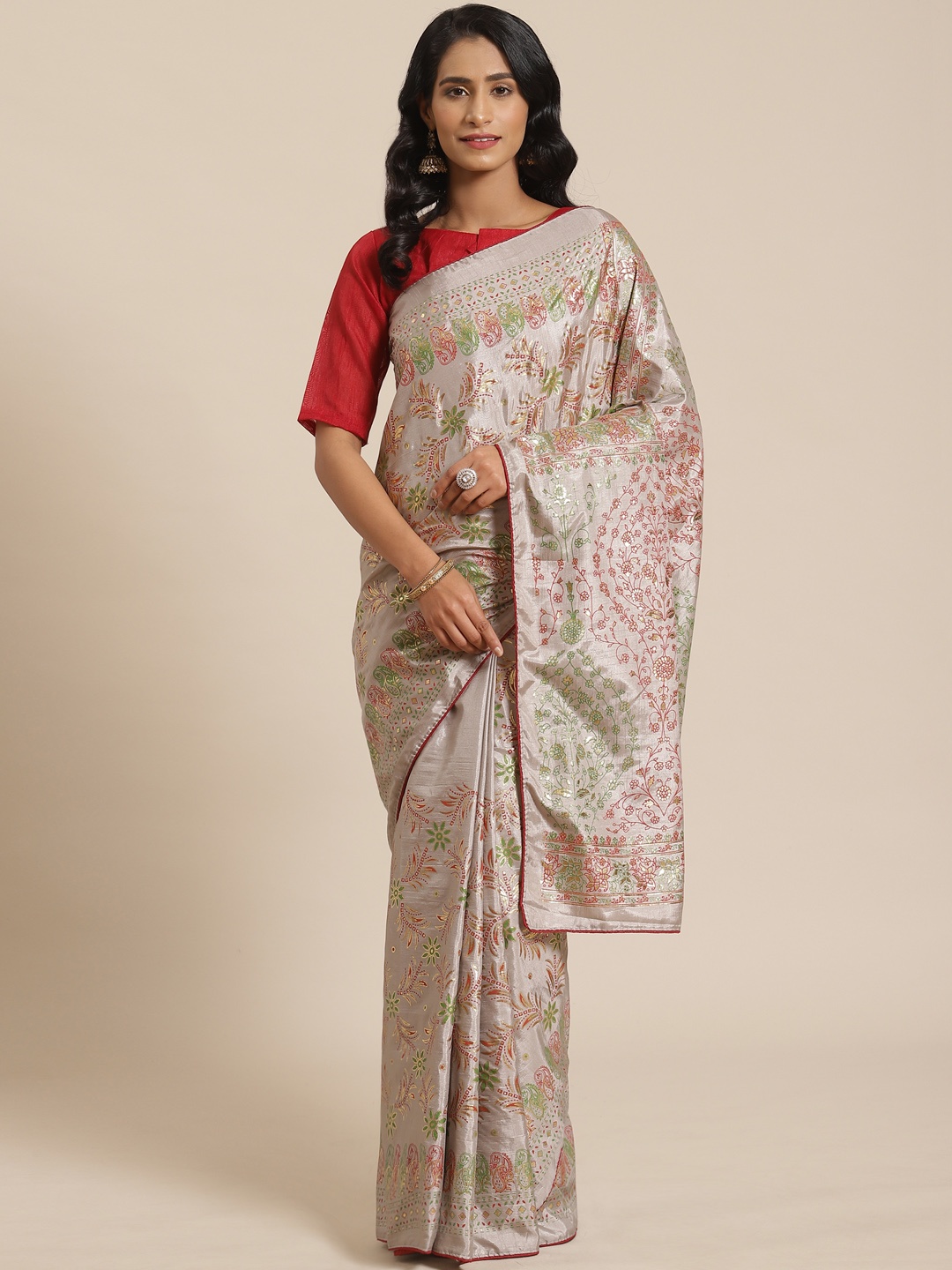 

Saree mall Grey & Red Printed Saree