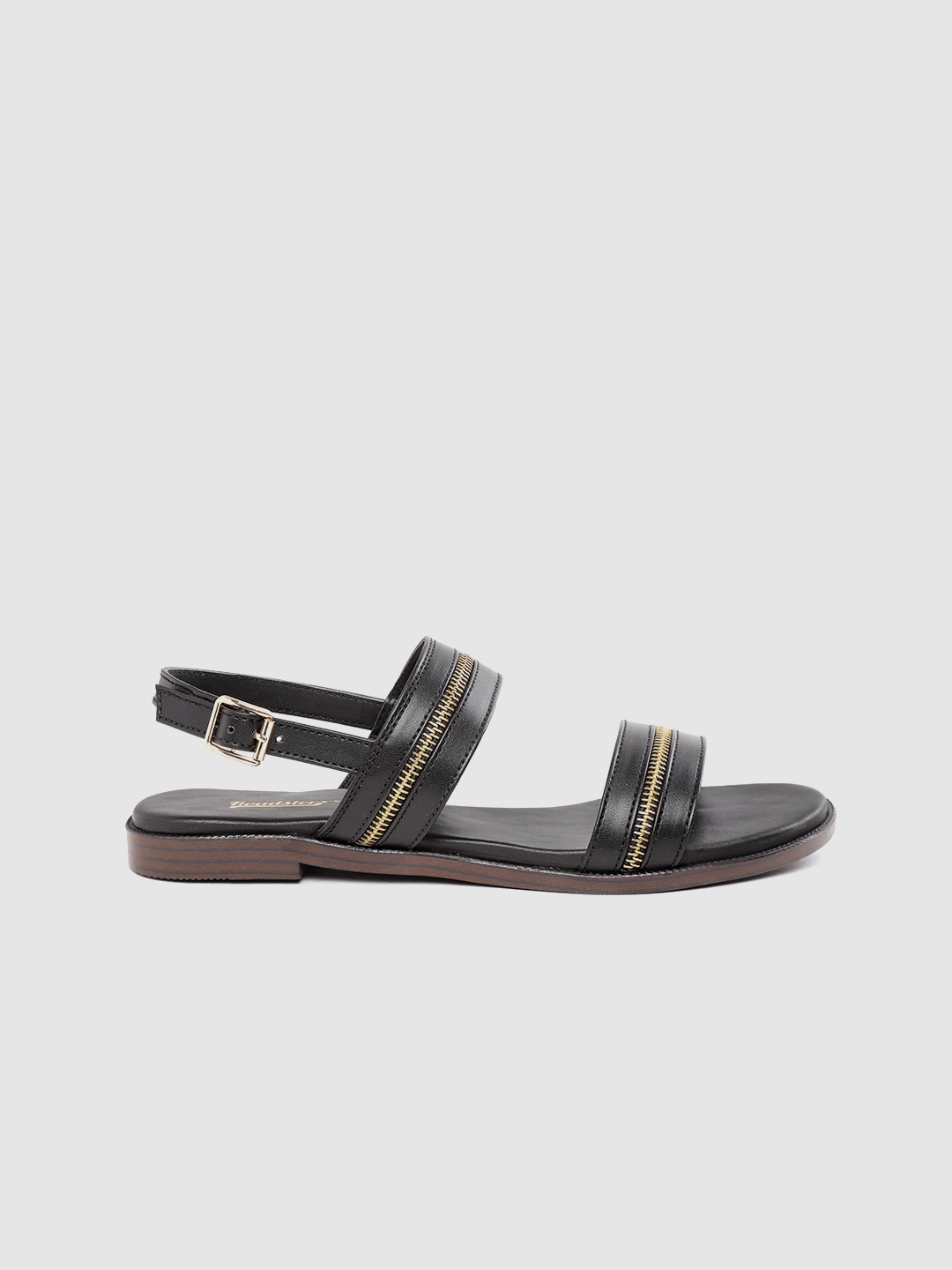

The Roadster Lifestyle Co Women Black Solid Open Toe Flats with Zip Detail