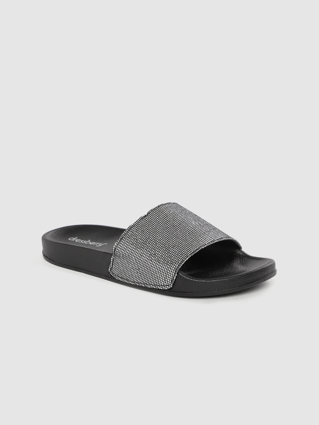 

DressBerry Women Silver-Toned & Black Checked Flip Flops with Thread Work Detail