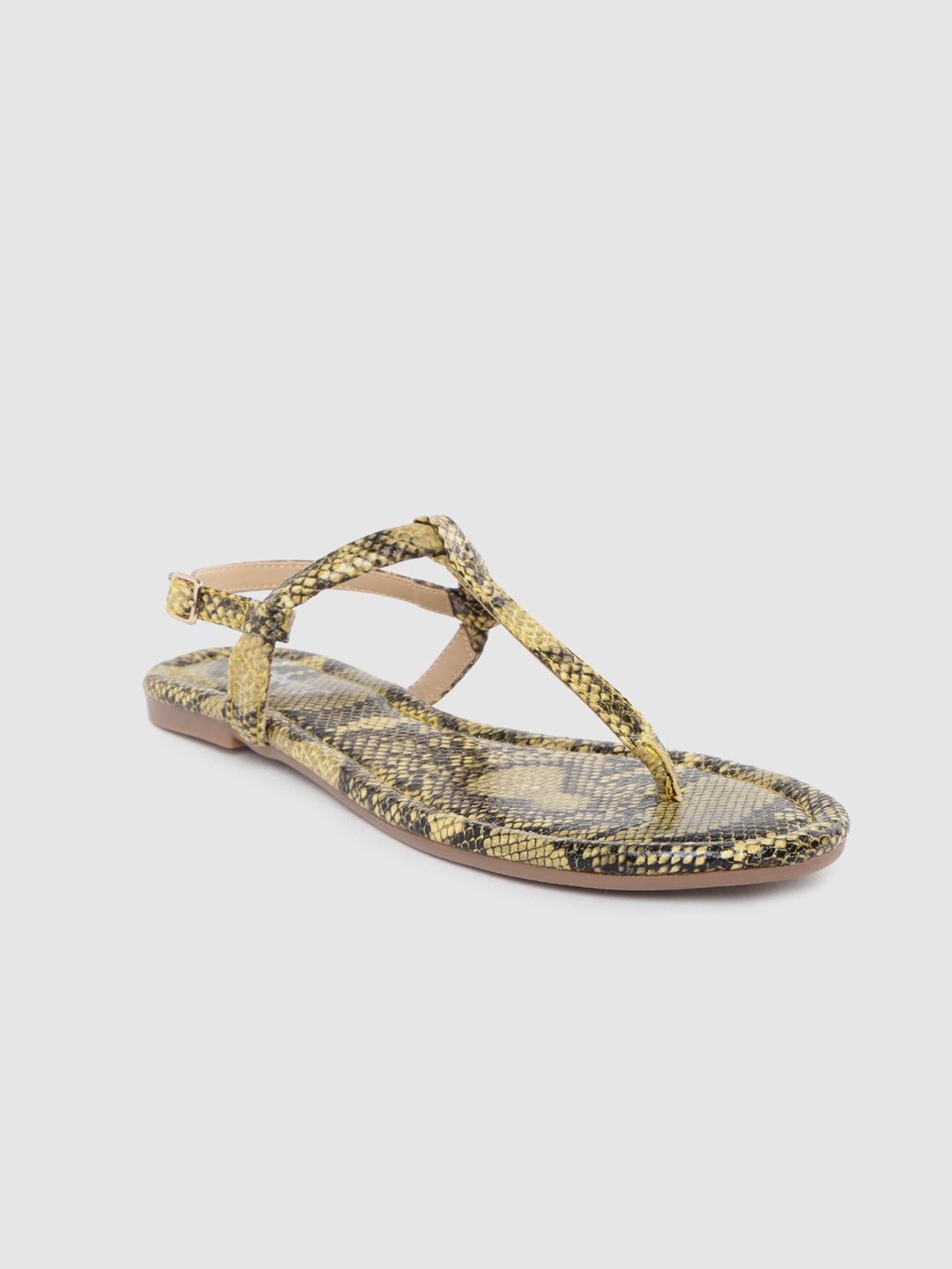 

DressBerry Women Mustard Yellow & Black Snake Skin Textured T-Strap Flats