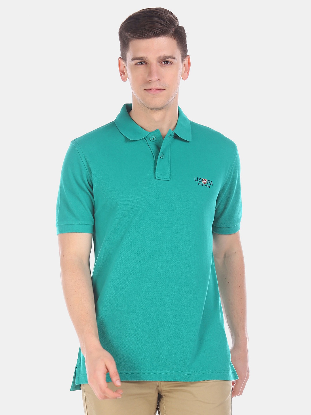 

U.S. Polo Assn. Men Green Solid Polo Collar Pure Cotton T-shirt