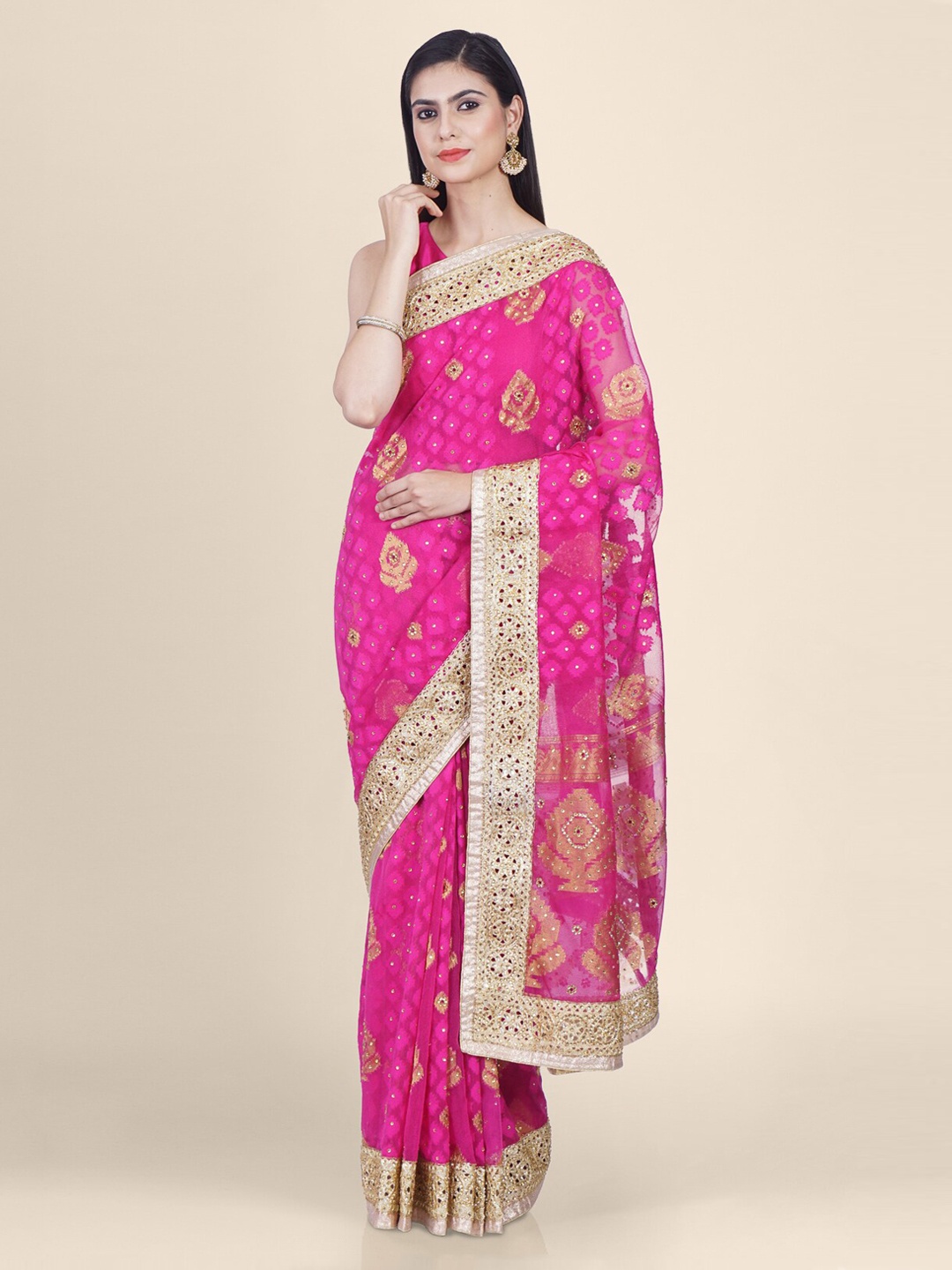

Hastakala Pink & Beige Silk Blend Embellished Handloom Saree
