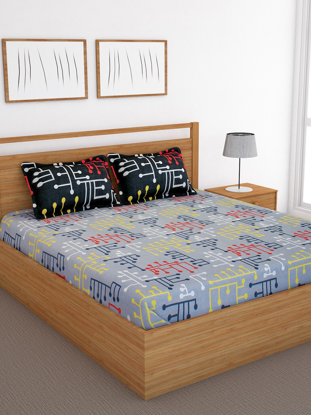 

Bedspun Grey & Black Abstract 120 TC Cotton 1 Queen Bedsheet With 2 Pillow Covers