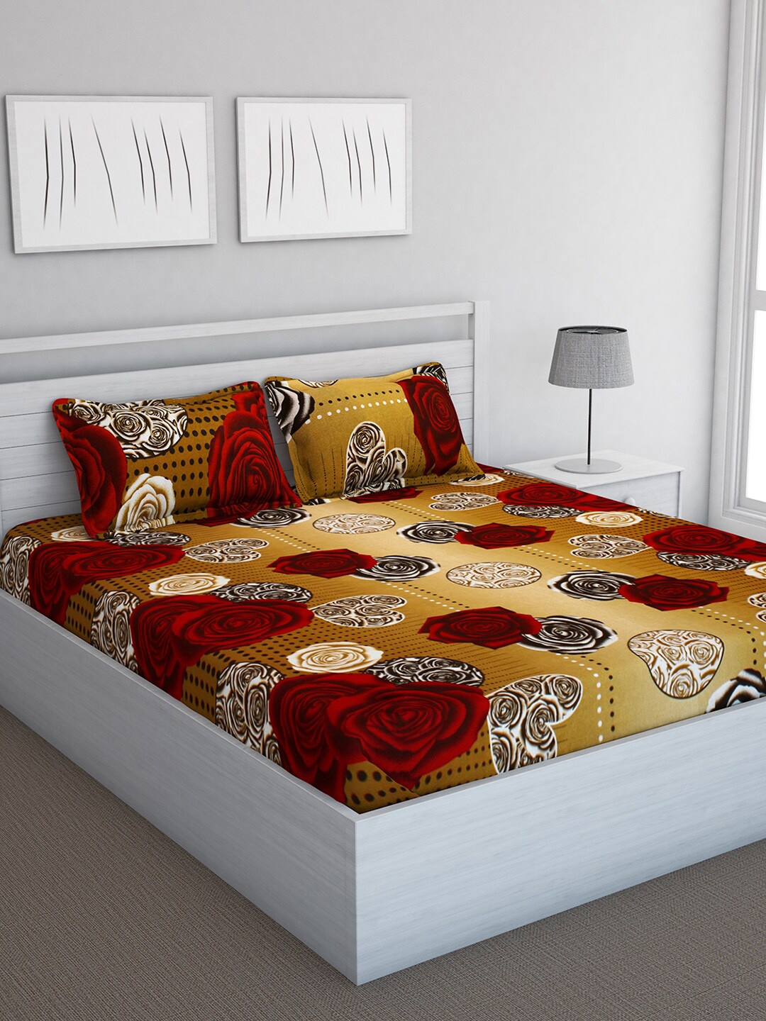 

Bedspun Brown & Red Printed 120 TC Cotton 1 Double Queen Bedsheet With 2 Pillow Covers