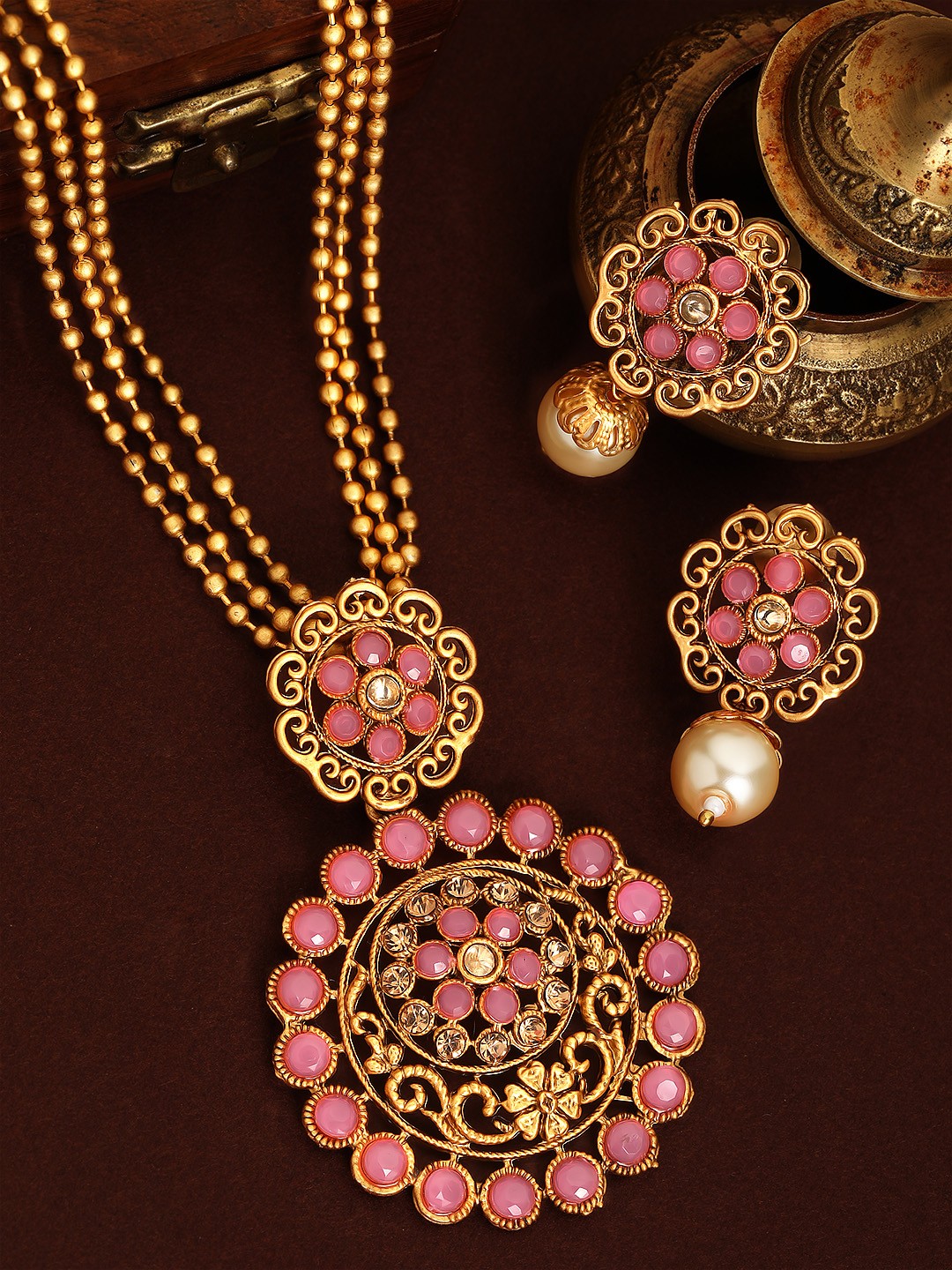 

Rubans 24K Gold-Plated Pink & Beige Stone-Studded & Beaded Handcrafted Pendant Set