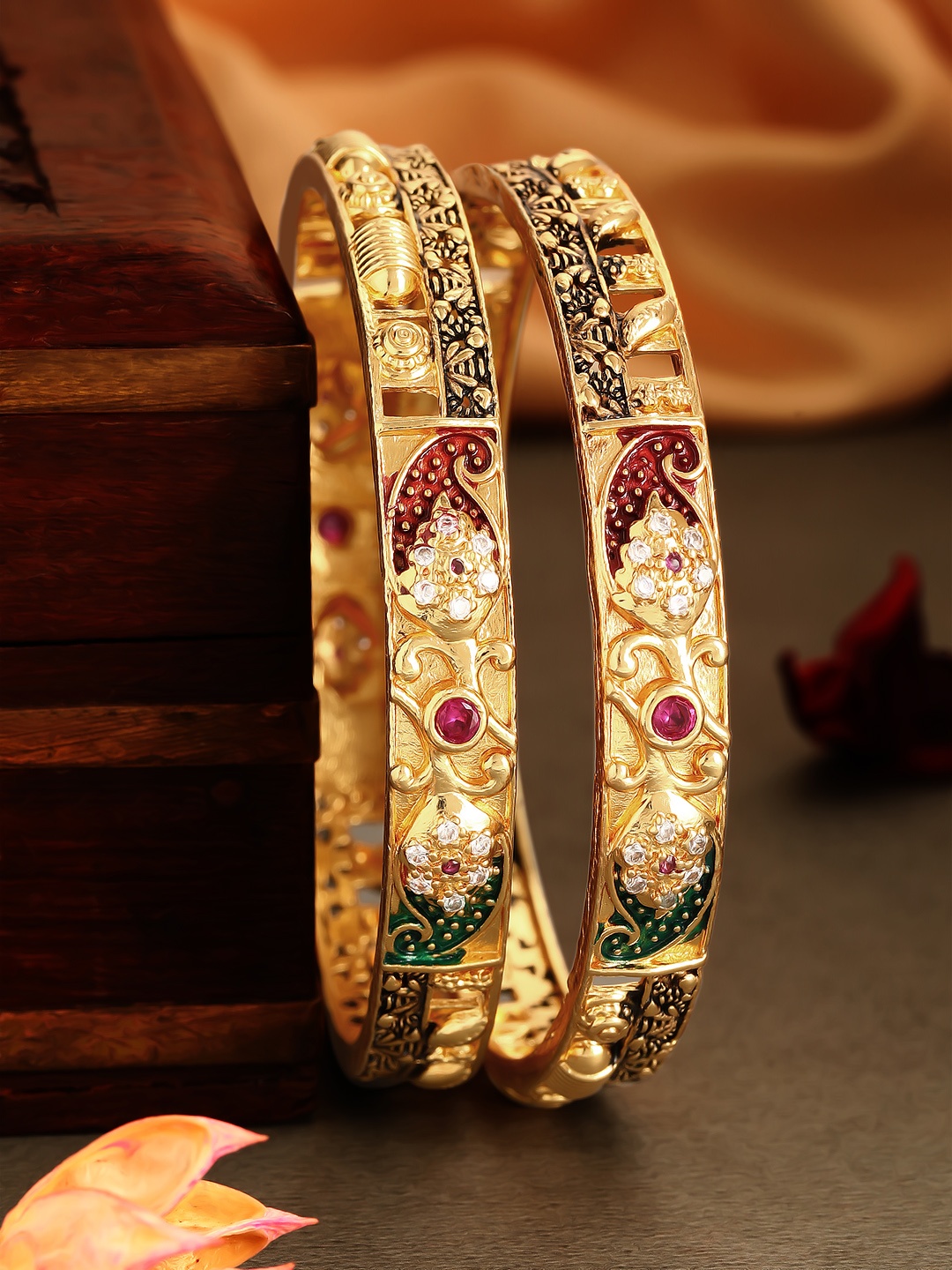 

Rubans Gold-Plated Set of 2 Maroon & Green Enameled Handcrafted Bangles