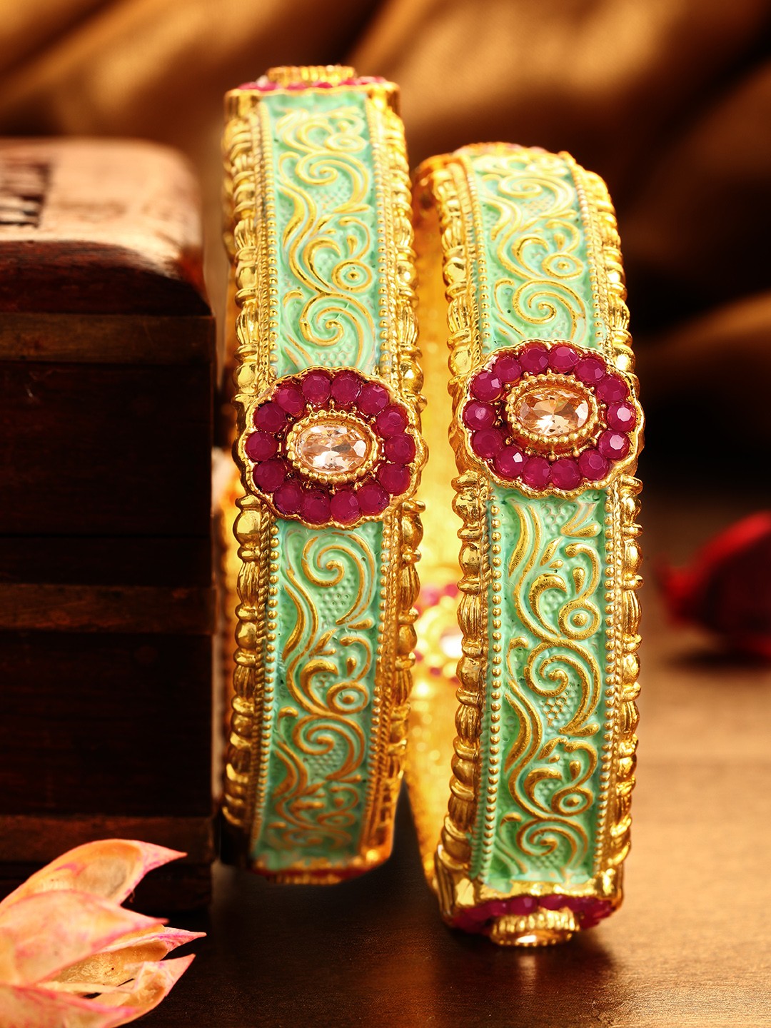 

Rubans Set of 2 22CT Gold-Plated Green & Pink Handcrafted Kundan Studded Bangles