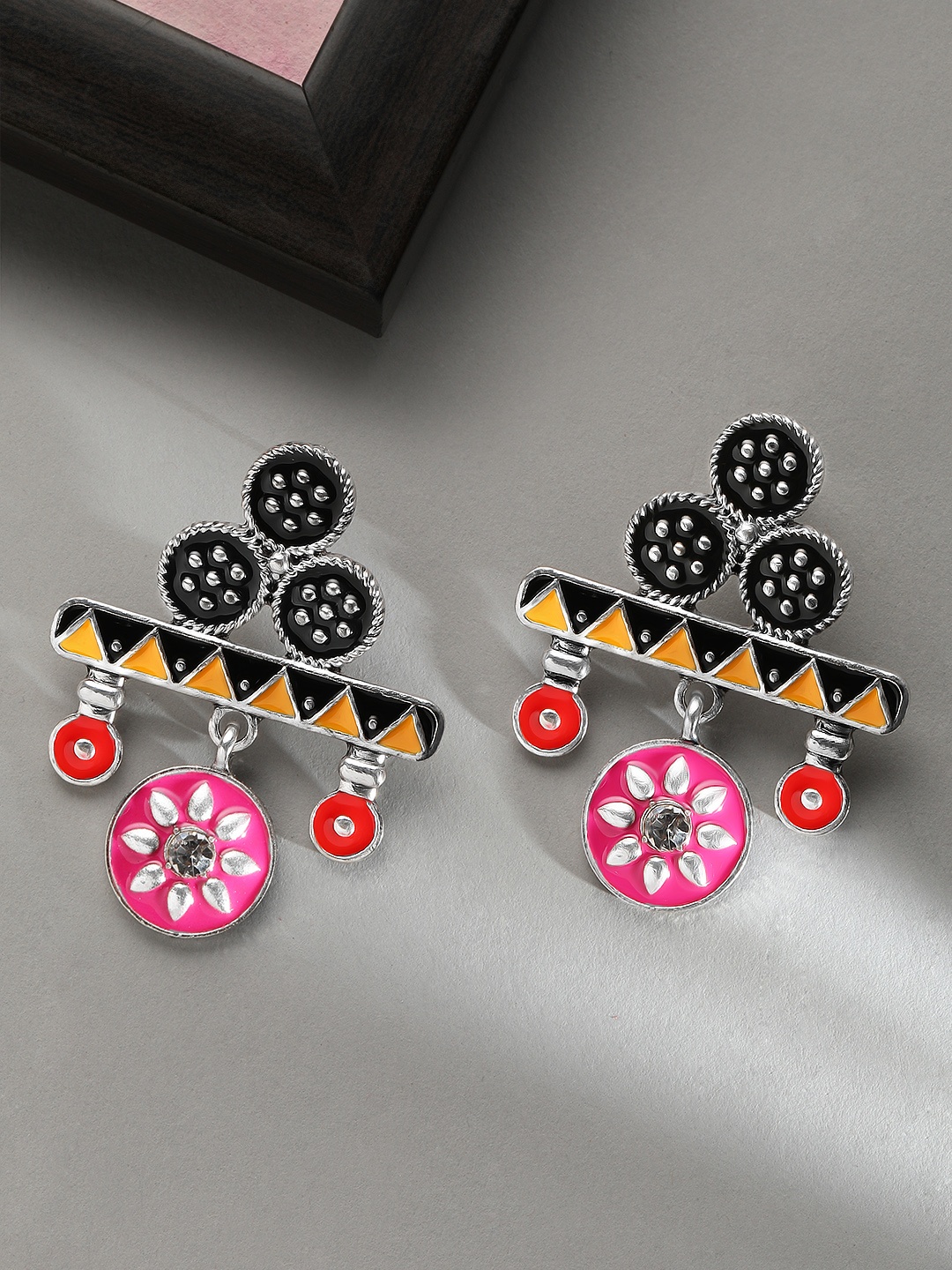 Rubans Pink & Blue Silver Plated Handpainted Contemporary Drop Earrings