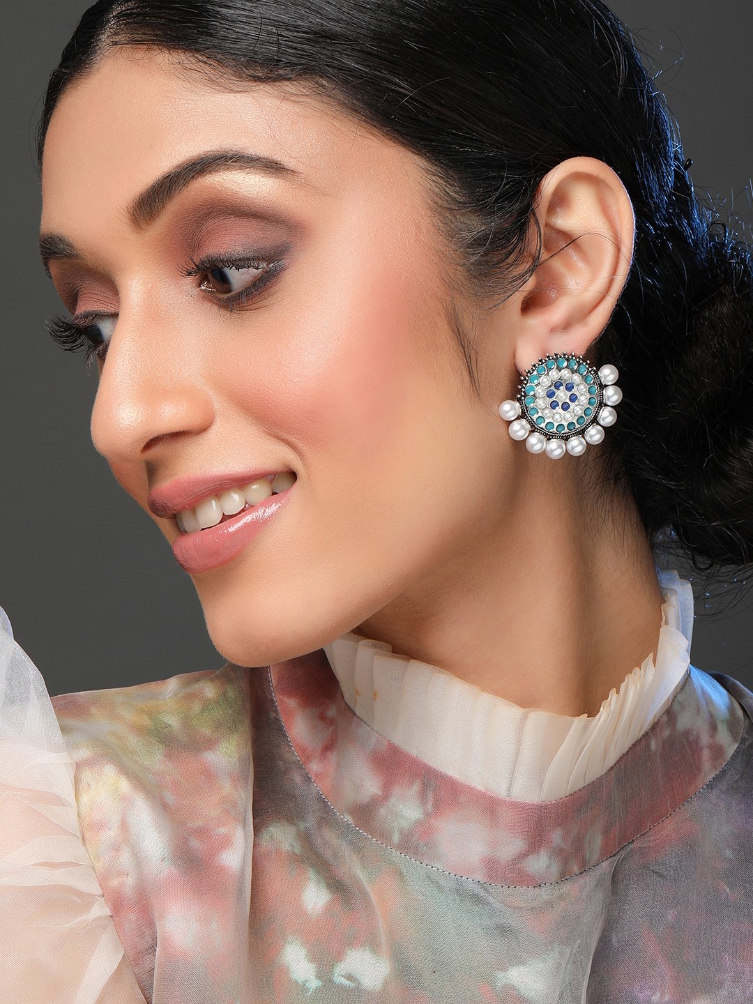 

Rubans 22K Gold Plated Aqua Blue Stone Studded Round Stud Earrings with White Pearl Drops, Silver