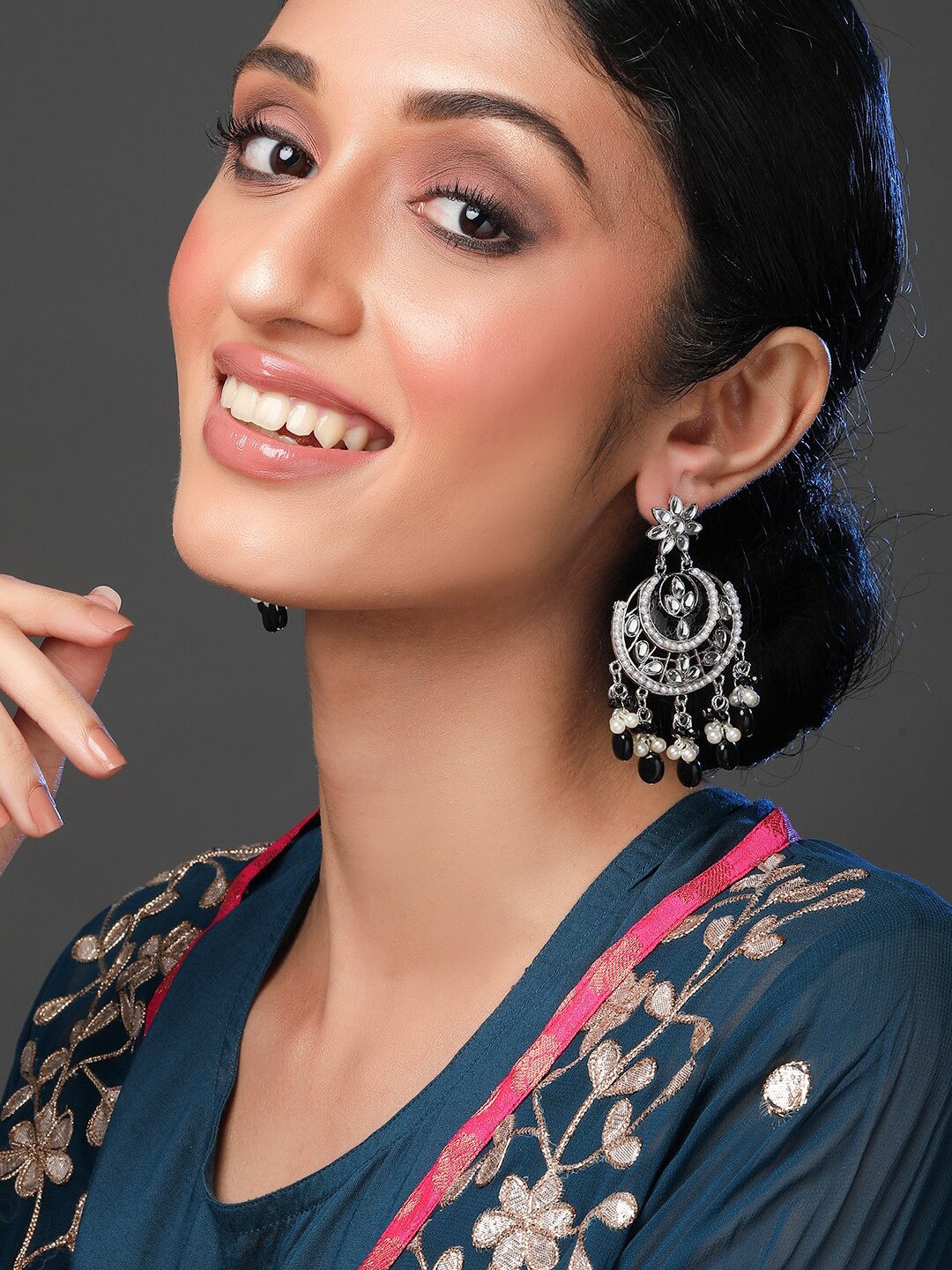 

Rubans Silver-Plated & Black Circular Chandbalis
