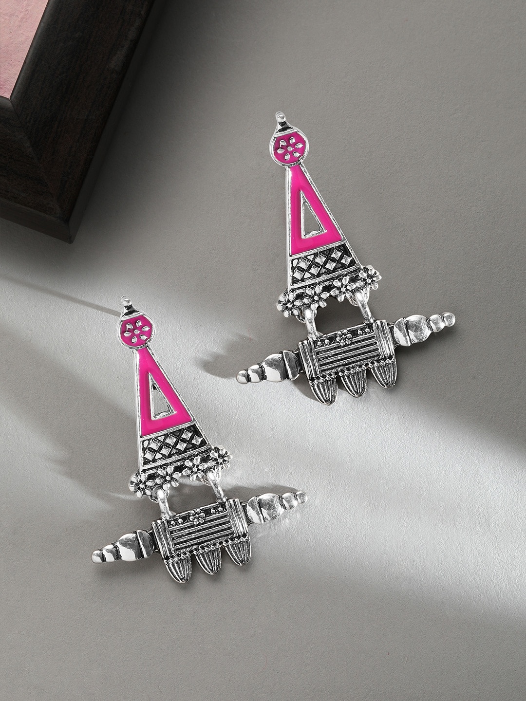 

Rubans Silver-Plated & Pink Triangular Drop Earrings