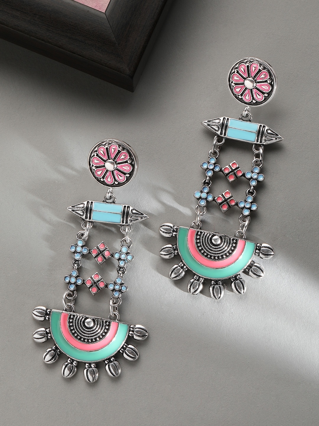

Rubans Blue Silver-Plated Contemporary Drop Earrings