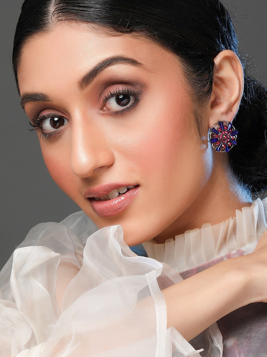

Rubans Silver-Plated & Blue Handcrafted Floral Studs