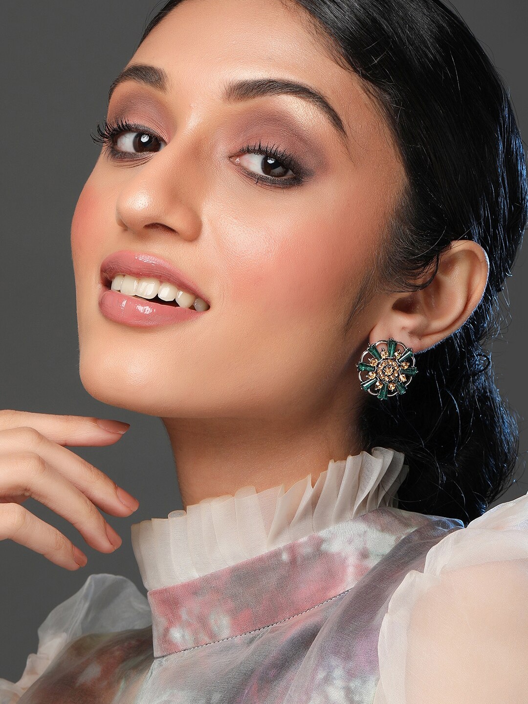 

Rubans Silver-Plated & Green Floral Studs