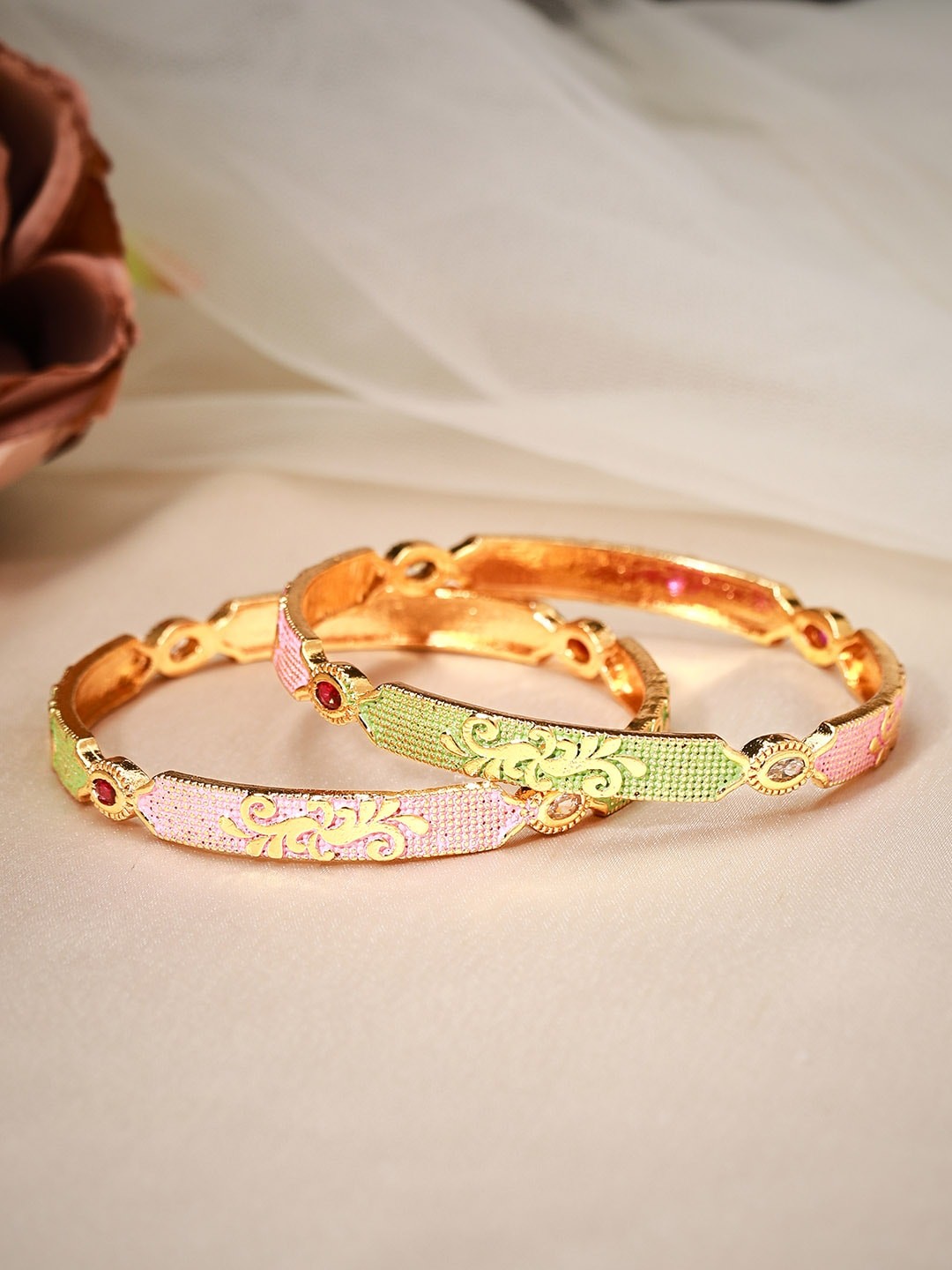 

Rubans Women Set Of 2 24K Gold-Plated Pink Handcrafted Bangles