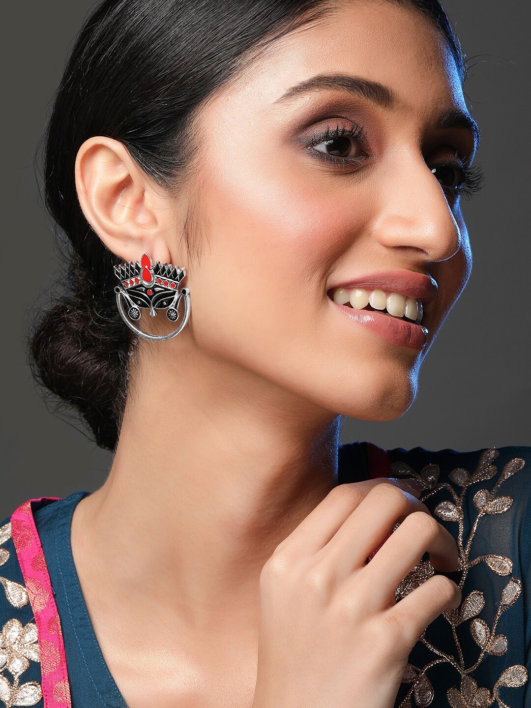 

Rubans Black Oxidised Silver-Plated Hand Painted Goddess Durga Oversized Studs