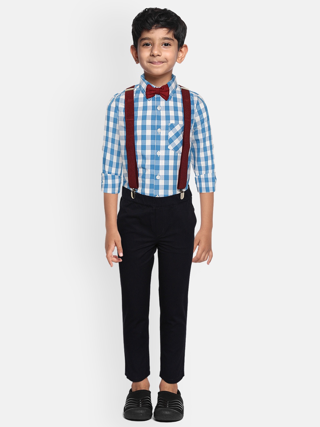 

YK Boys Blue & White Pure Cotton Checked Shirt & Trousers with Suspenders & Bow Tie