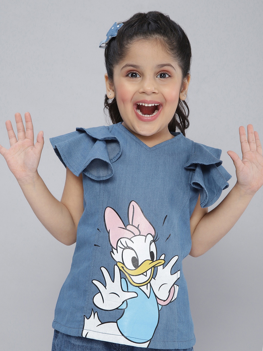 

YK Disney Blue & White Daisy Duck Print Layered Denim Cotton Regular Top