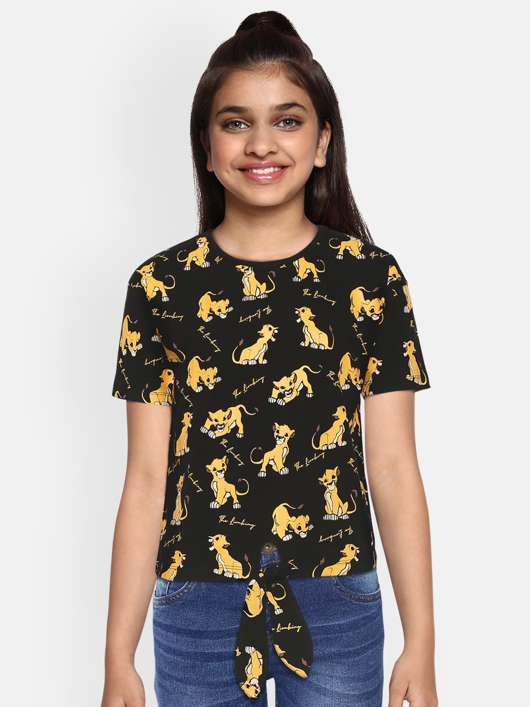 

YK Disney Girls Black & Mustard Yellow Lion King Simba Print Waist Tie-Up Regular Top