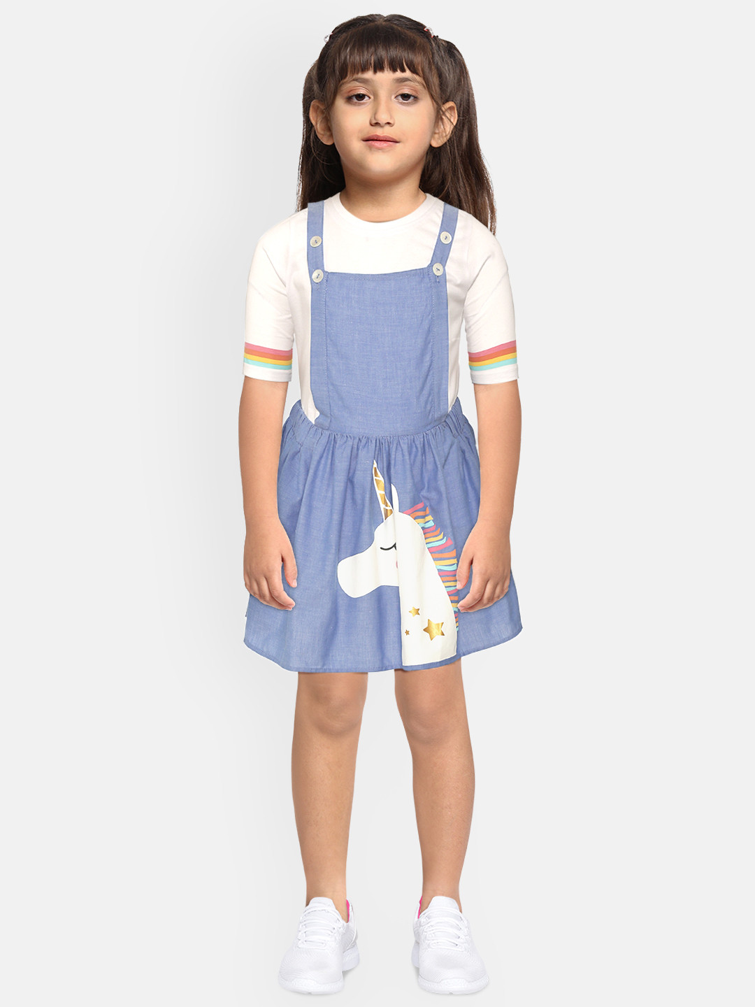 

YK Girls Blue & White Unicorn Print Pinafore Dress with T-shirt