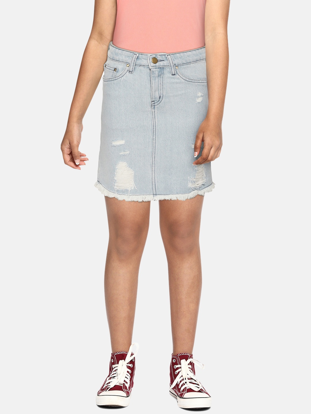 

YK Disney Girls Blue Distressed Denim Skirt with Mickey Mouse Print Detail