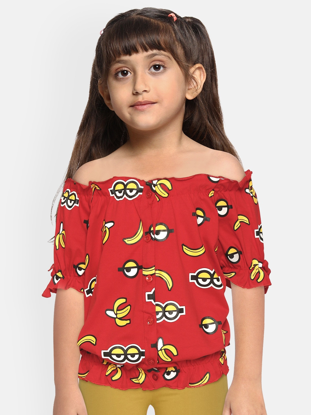 

YK Minion Girls Red & Yellow Minion Print Off-Shoulder Pure Cotton Blouson Top