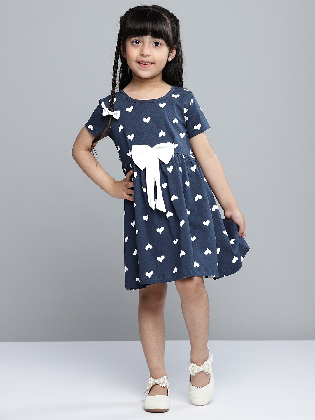 

YK Girls Navy Blue & White Pure Cotton Heart Printed A-Line Dress