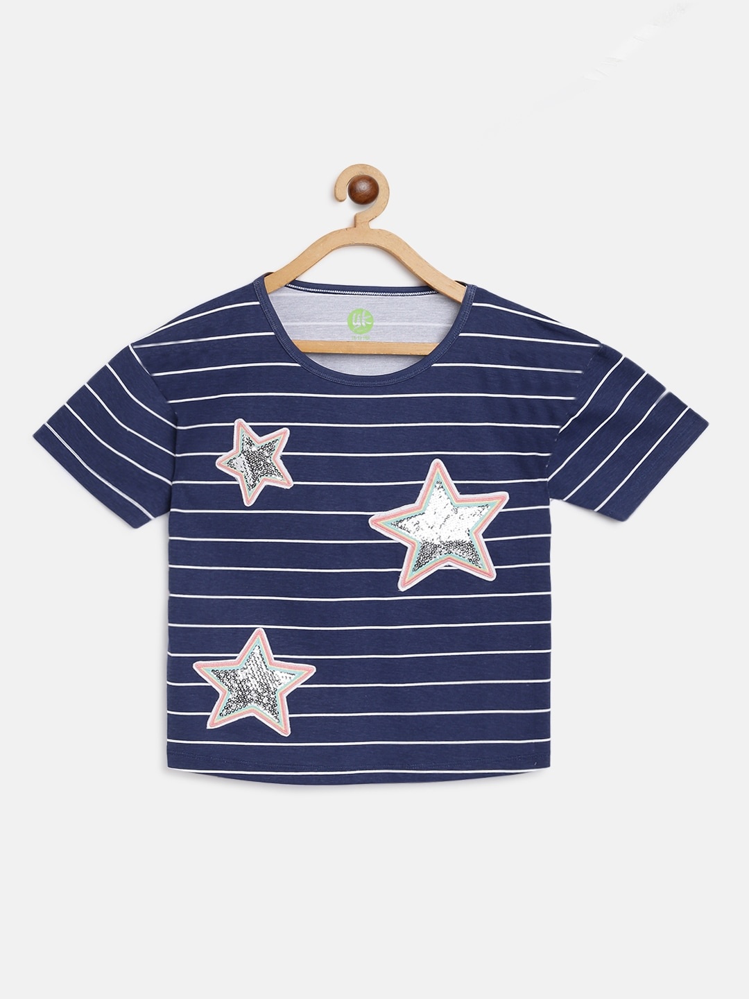 

Girls Navy Blue & White Striped Drop-Shoulder Sleeves Star Applique Crop Top