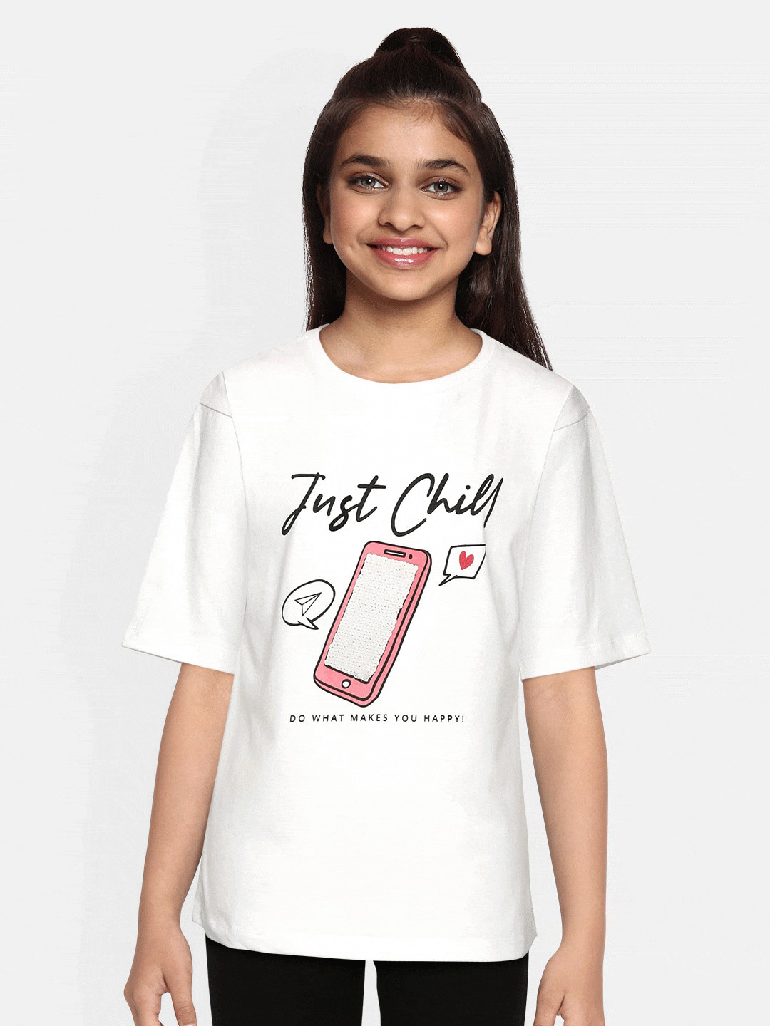 

YK Girls White Black Pure Cotton Typography Printed Pure Cotton T-shirt with Flip Sequinned Detail